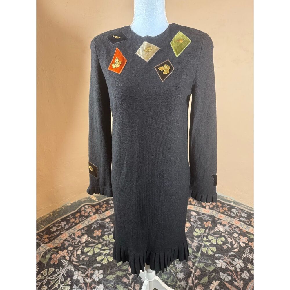 Steve Fabrikant Signature Black Knit Dress – Velvet Leaf Patch Detail | Pleated